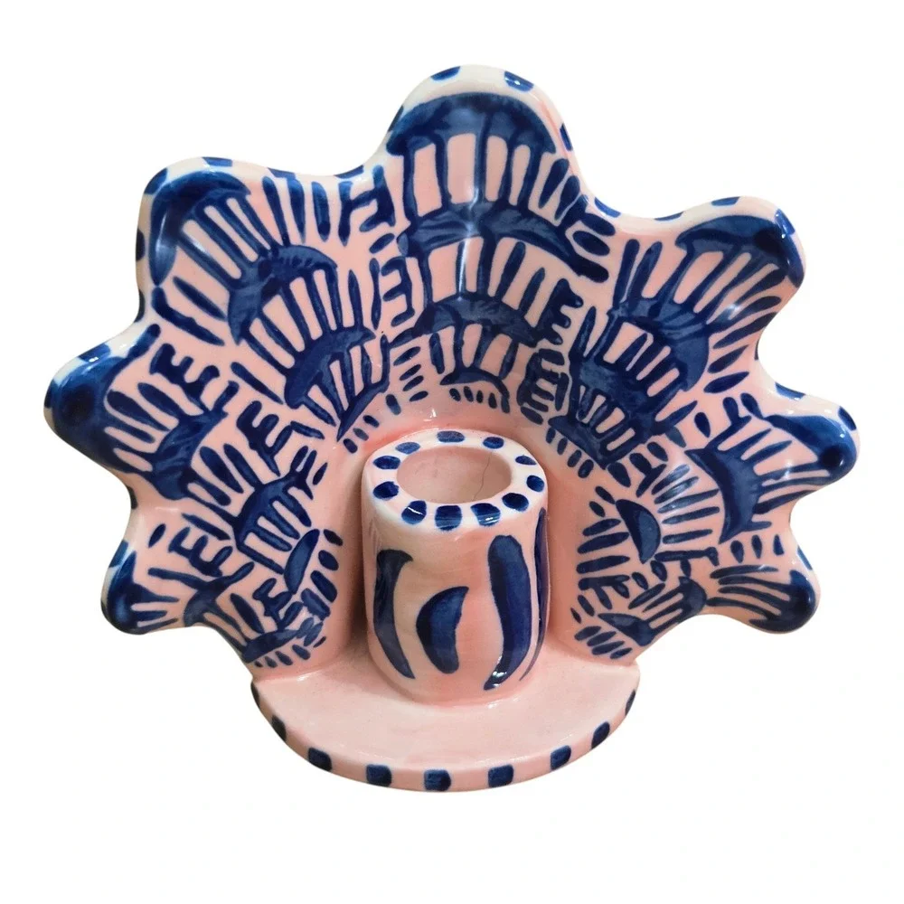 Anthropologie Lucie de Moyencourt Candle Holder Pink Blue Shell Fan Ceramic 5